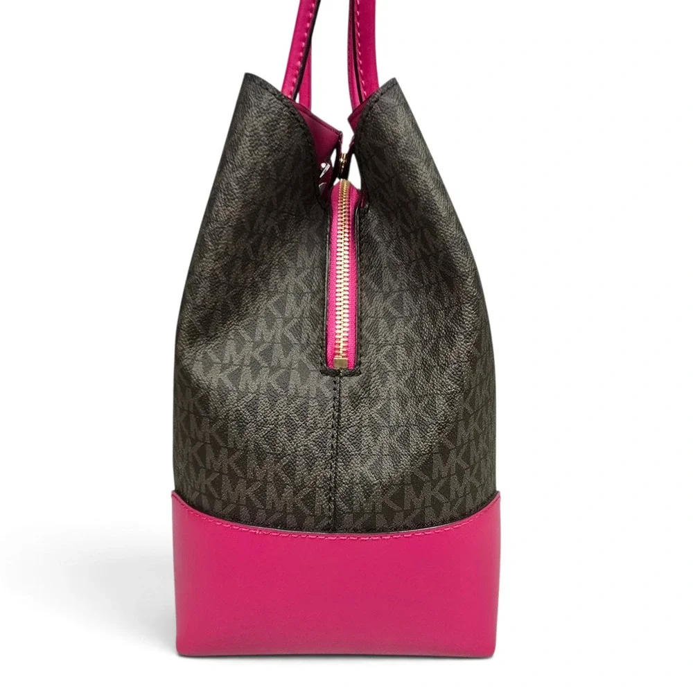 Michael Kors Mercer Corner Studio Large Center Zip Tote Brown Pink 30H7GZ5T7V